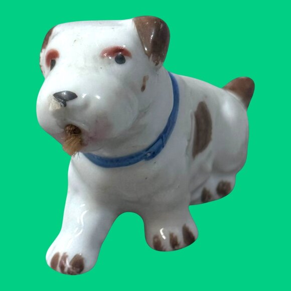 Vintage Japan Porcelain Terrier Dog Figurine Blue Collar Hand-Painted Brown 2" - Picture 1 of 7